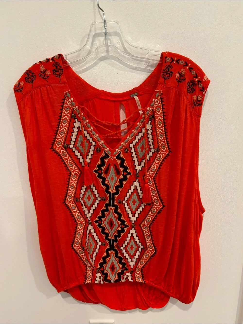 Free People Embroidered Bohemian Tassel Sleeveless Top Open Back Orange Women M